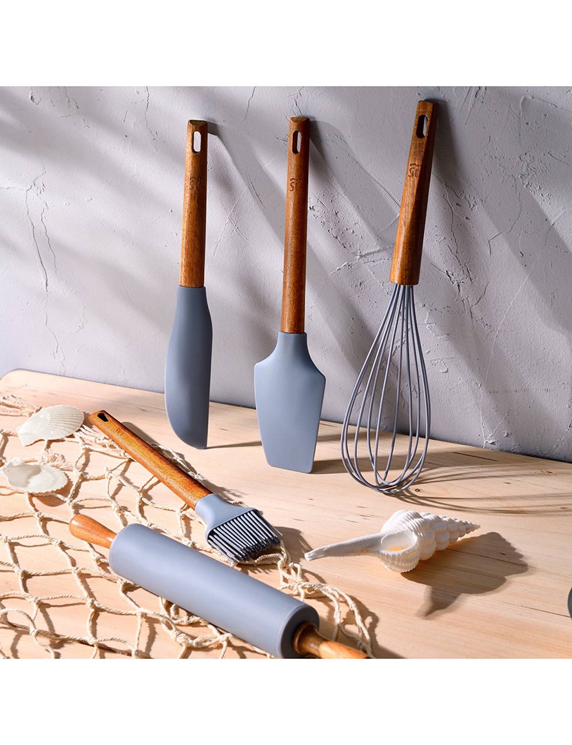 Conjunto de 5 utensílios de cozinha em silicone e madeira de acácia, Noia 