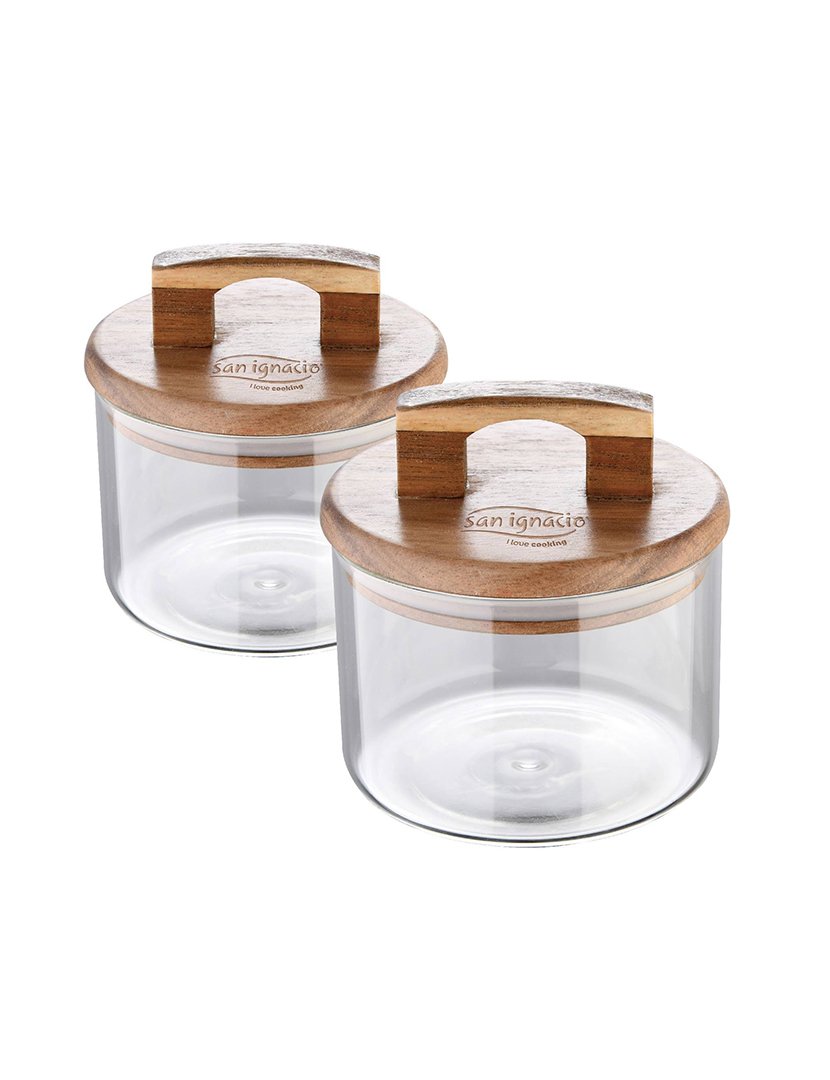 Conjunto de frascos de vidro borossilicato de 400ml + 500ml com tampas de madeira de acácia, 