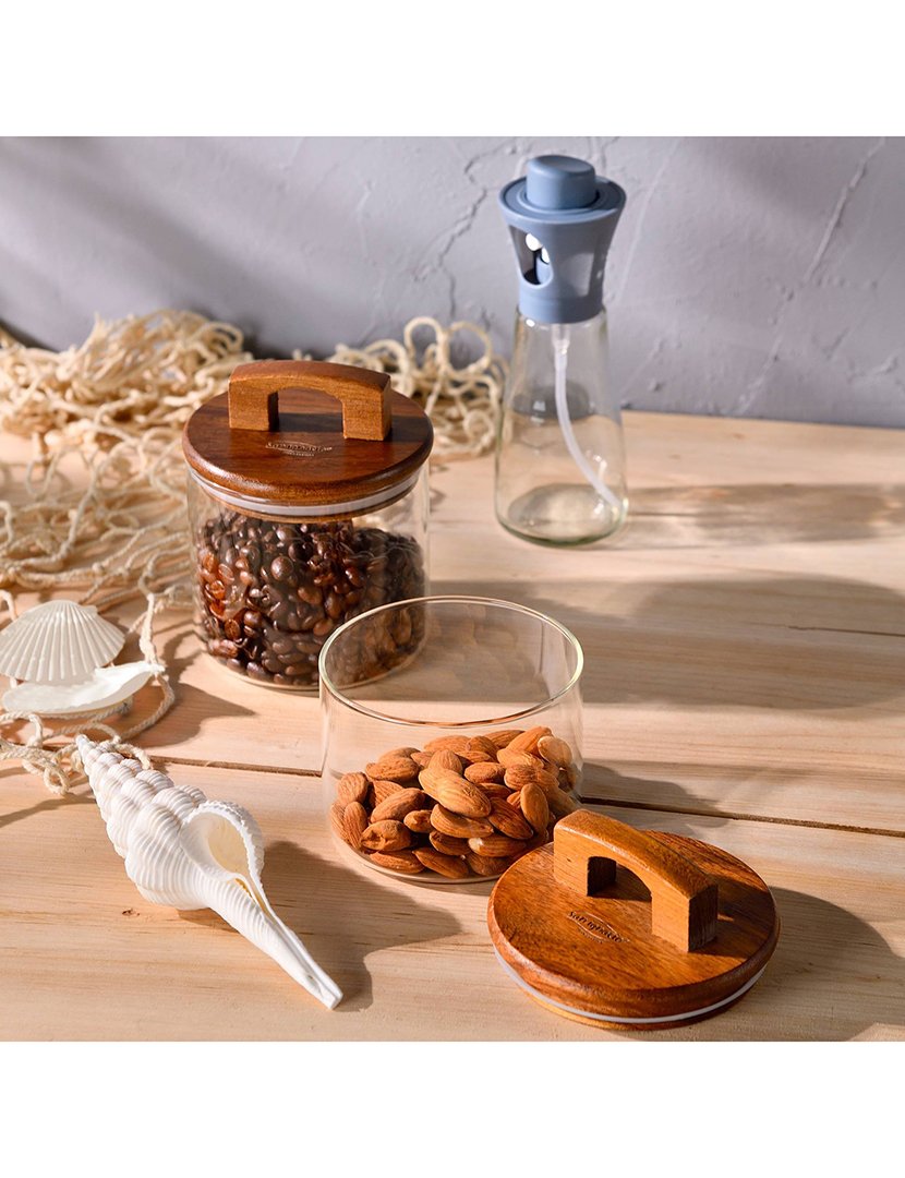 Conjunto de frascos de vidro borossilicato de 400ml + 500ml com tampas de madeira de acácia, 