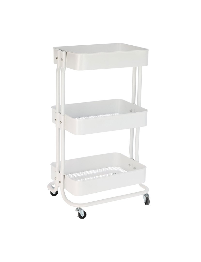 Carrinho de cozinha de ferro branco com rodas e 3 gavetas