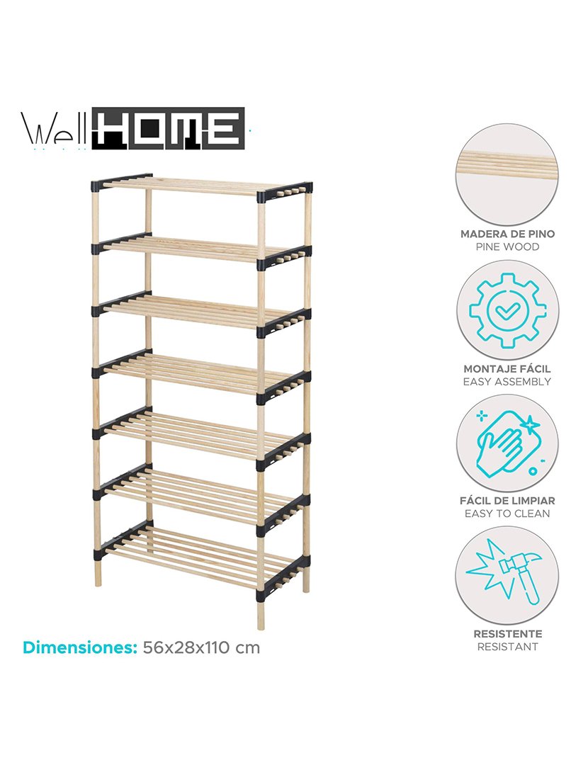 Sapateira com 7 prateleiras em madeira e metal 110 cm