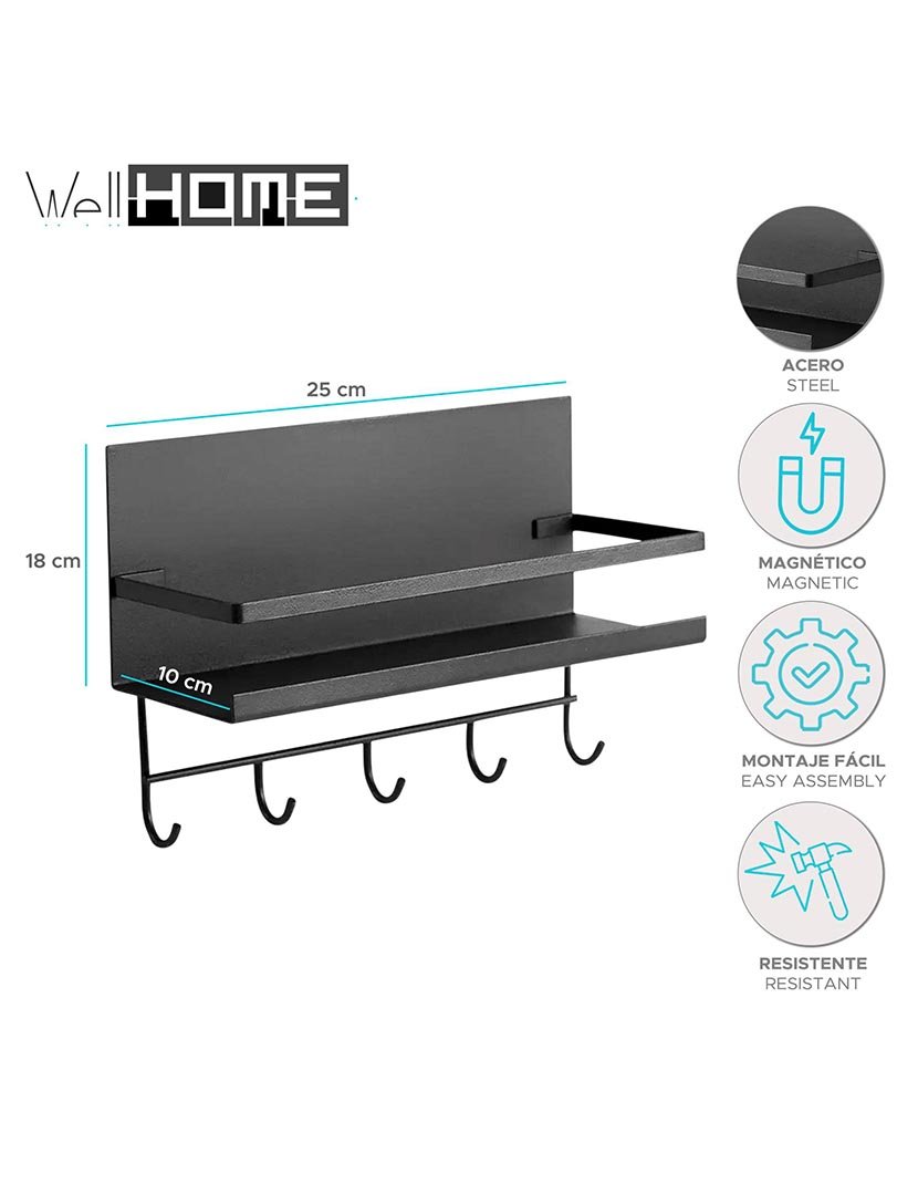 Prateleira de fixação magnética em aço pintado de preto