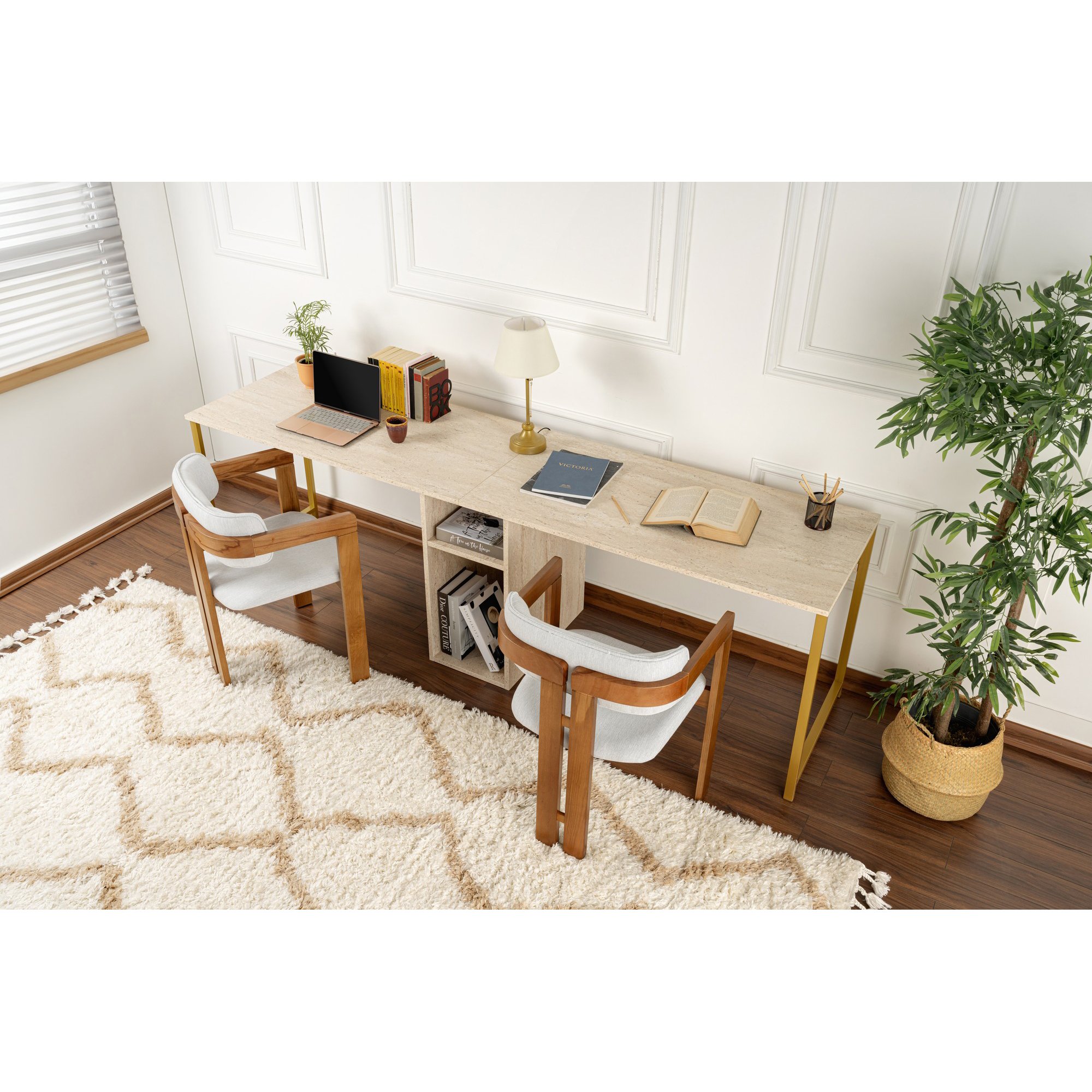 Secretária Twin Study Desk Travertine Dourado