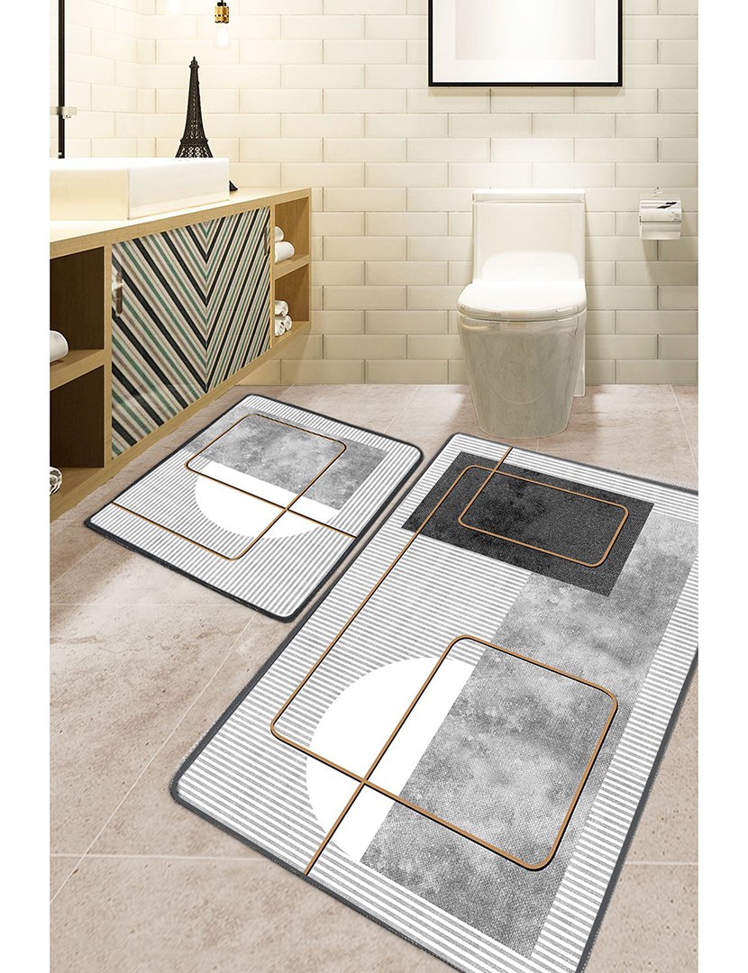 Set of 2 Bathroom Rugs Grasva Grey