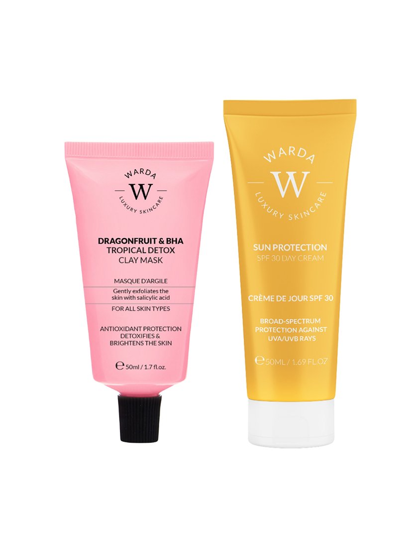 Máscara de argila desintoxicante tropical de pitaya e BHA + creme diurno proteção solar FPS 30 50ml