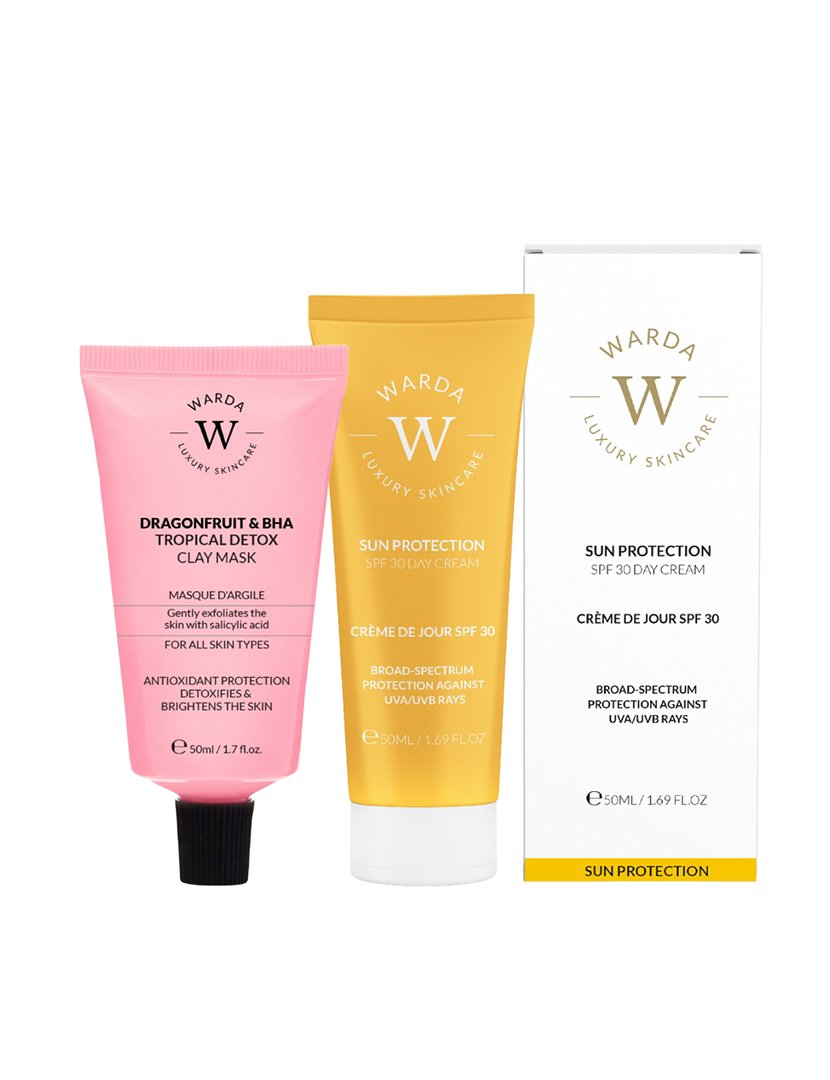Máscara de argila desintoxicante tropical de pitaya e BHA + creme diurno proteção solar FPS 30 50ml