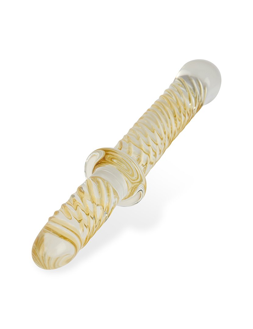 Dildo Pênis de Dupla Extremidade em Vidro Premium Borossilicato - Tamanho L - Transparente e Dourado