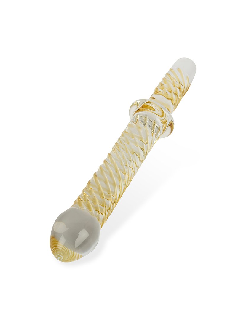 Dildo Pênis de Dupla Extremidade em Vidro Premium Borossilicato - Tamanho L - Transparente e Dourado