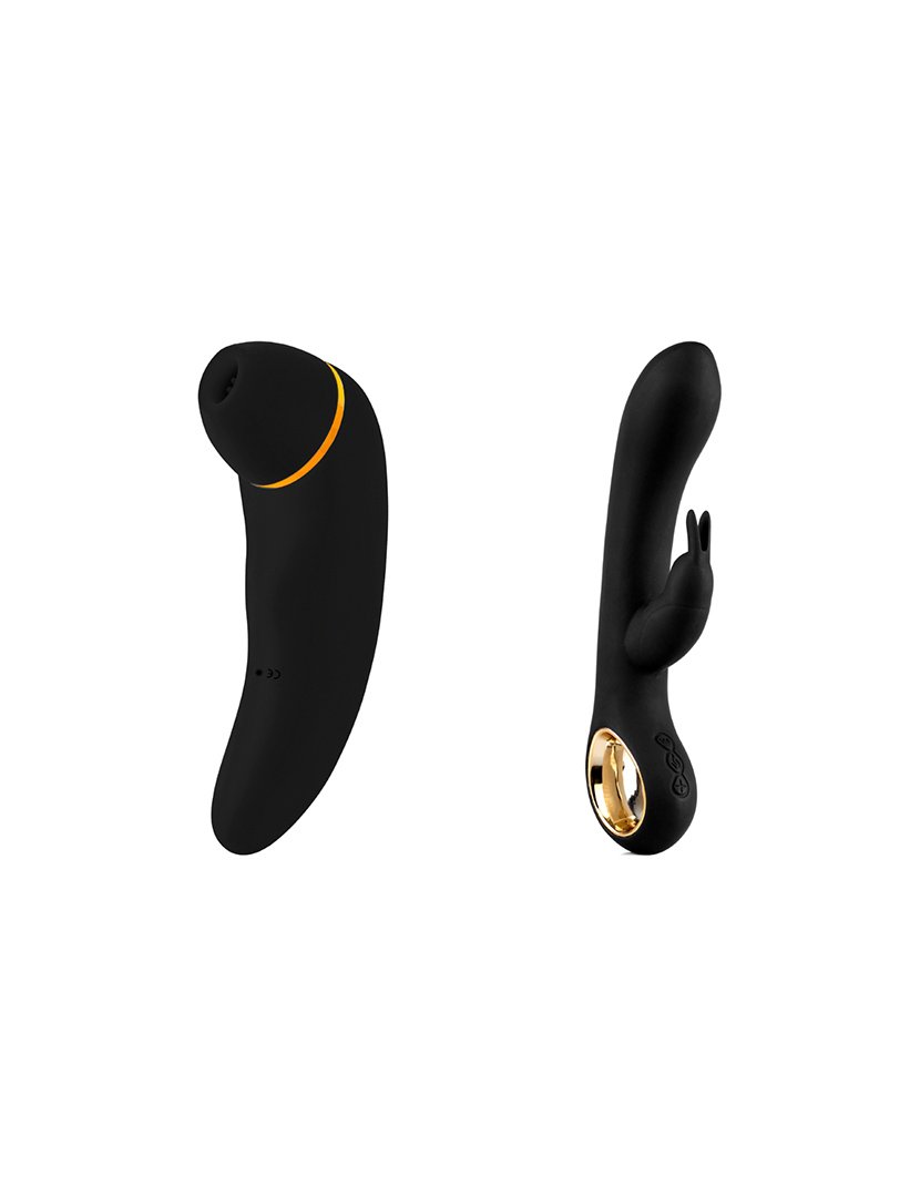 Caixa de brinquedos sexuais: estimulador de clitóris e vibrador rabbit - Preto