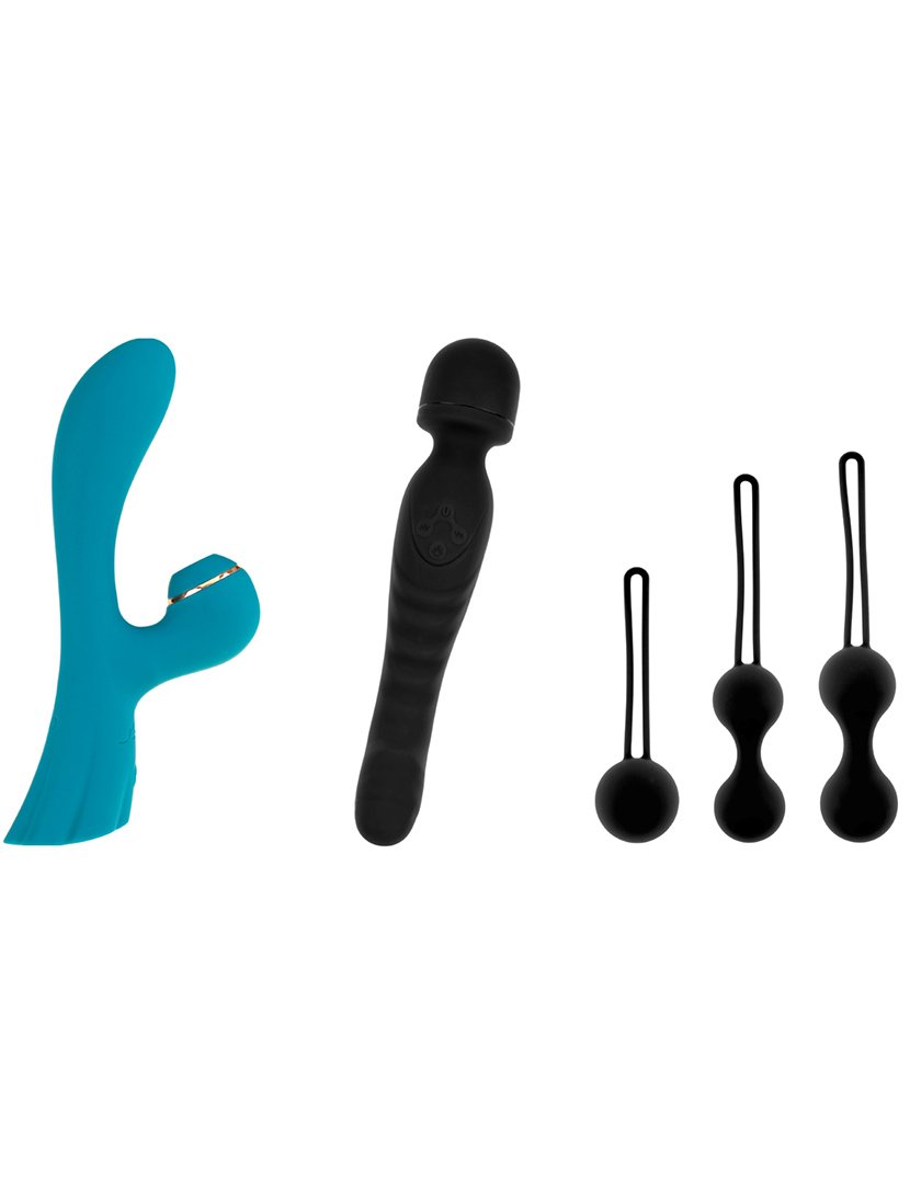 Caixa de 3 brinquedos sexuais: estimulador de clitóris, vibrador wand e bolas de gueixa - Preto e Azul Verde