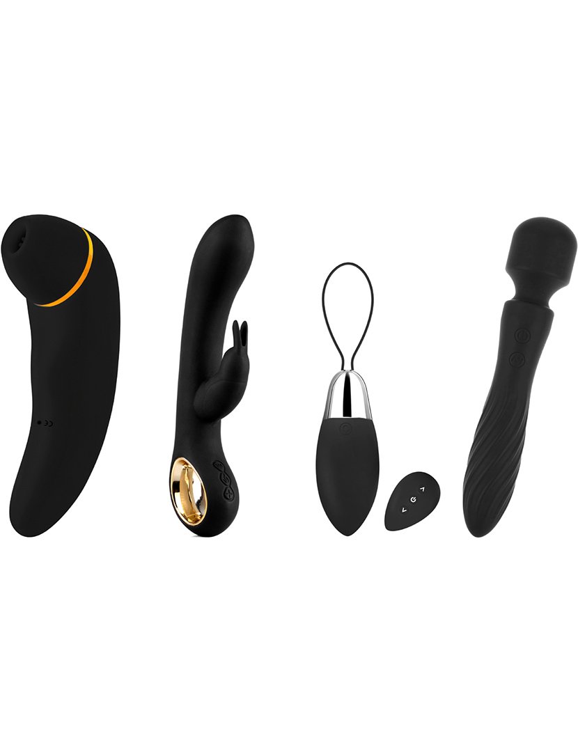 Caixa de 4 brinquedos sexuais: estimulador de clitóris, vibrador rabbit, ovo vibratório com controlo remoto e vibrador wand - Preto