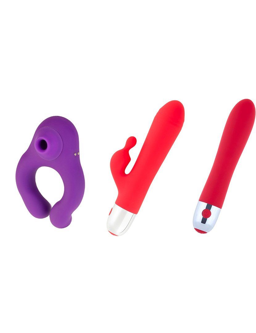 Pack Descoberta: estimulador de clitóris, vibrador rabbit, vibrador de ponto G - Violeta e Vermelho