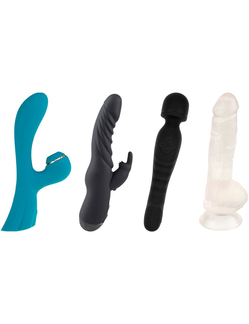 Pack Expert: estimulador de clitóris, vibrador rabbit, vibrador wand e dildo - Verde, Azul e Preto