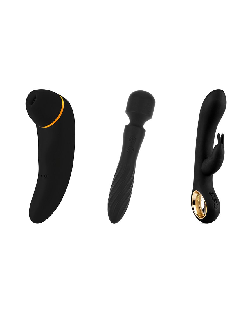 Caixa de brinquedos sexuais: estimulador de clitóris, vibrador rabbit e vibrador wand - Preto