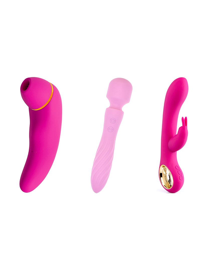Caixa de brinquedos sexuais: estimulador de clitóris, vibrador rabbit e vibrador wand - Rosa
