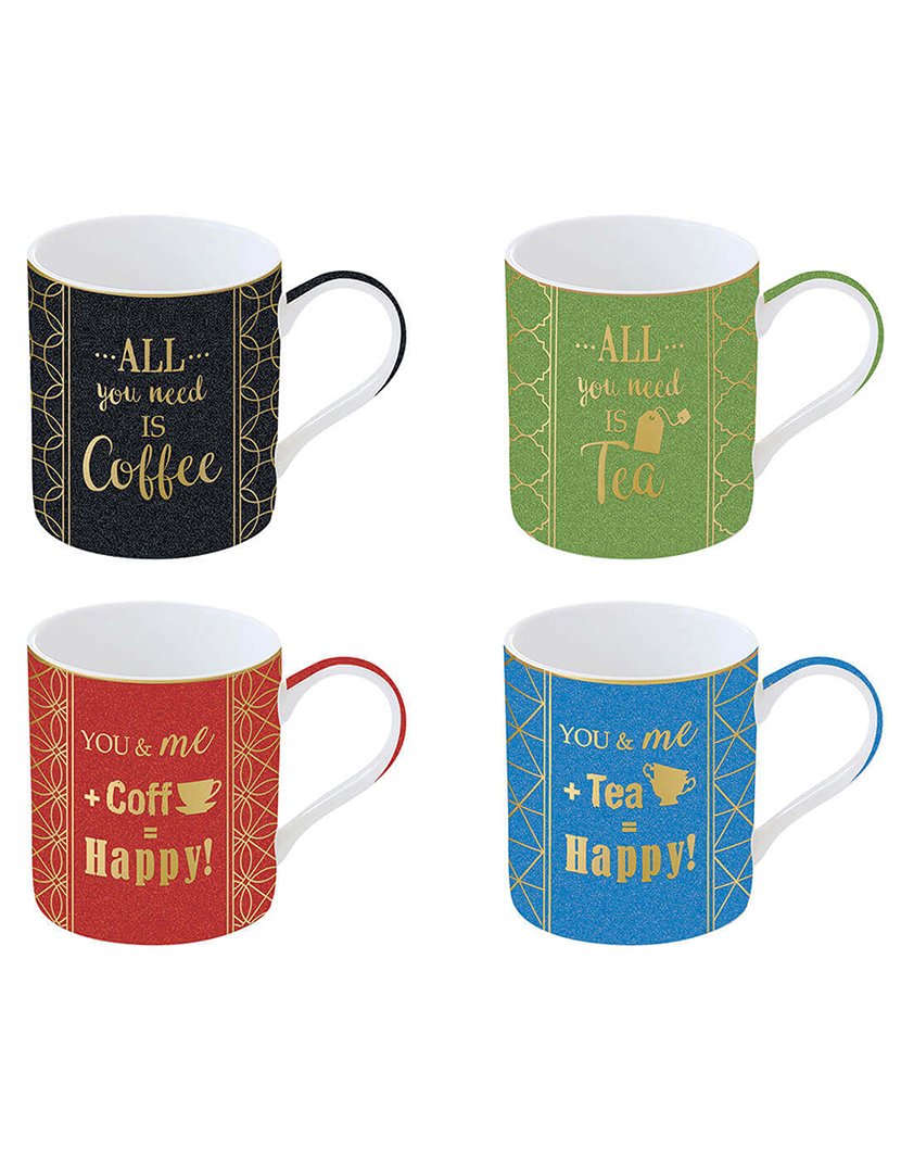 Conjunto de 4 Canecas 350ml Porcelana GLITTER & COLOUR Coffe&Tea