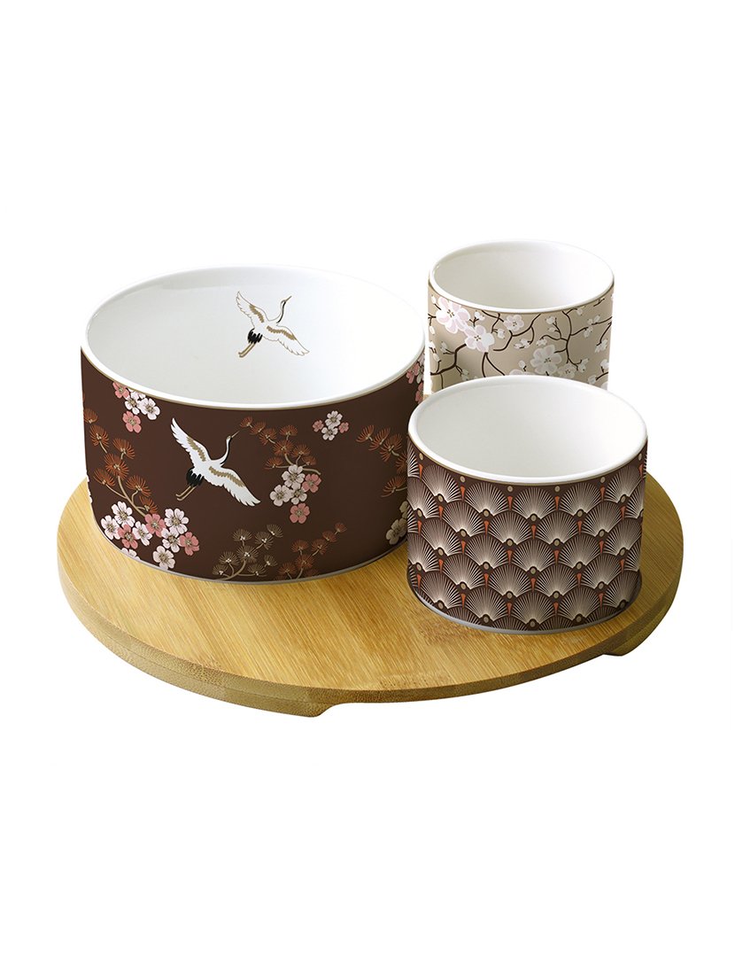 Conjunto Servir Bambu com 3 Tigelas Porcelana ORIENTAL