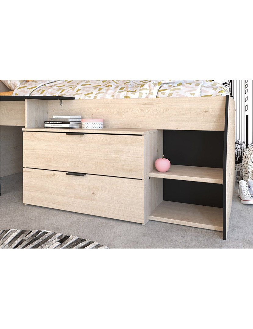 Cama Combinada com Secretária e 2 Gavetas Milky Carvalho e Preto 90x200cm