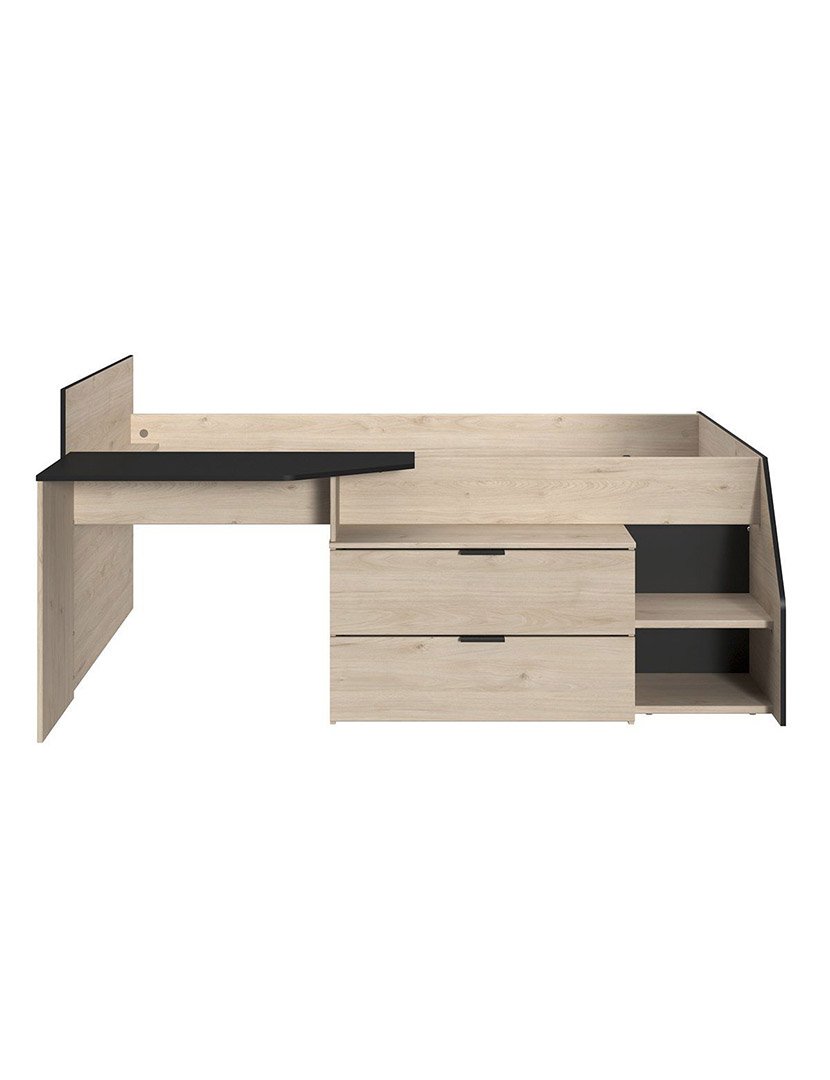 Cama Combinada com Secretária e 2 Gavetas Milky Carvalho e Preto 90x200cm