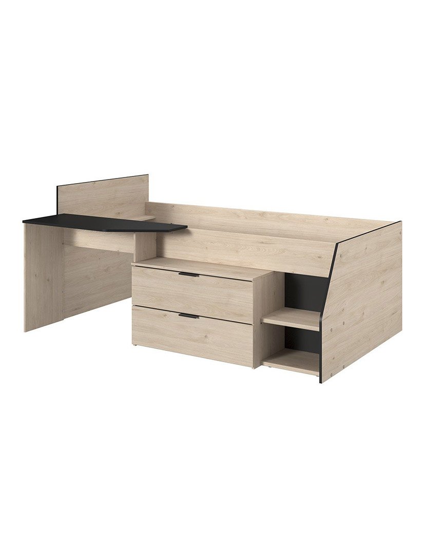 Cama Combinada com Secretária e 2 Gavetas Milky Carvalho e Preto 90x200cm