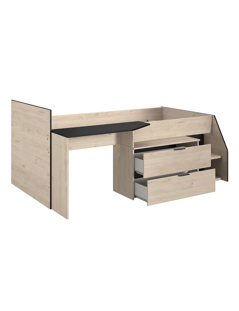 Cama Combinada com Secretária e 2 Gavetas Milky Carvalho e Preto 90x200cm