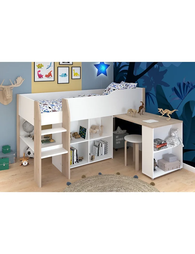 Cama Combinada com Secretária MATI Branco e Carvalho 90x200cm