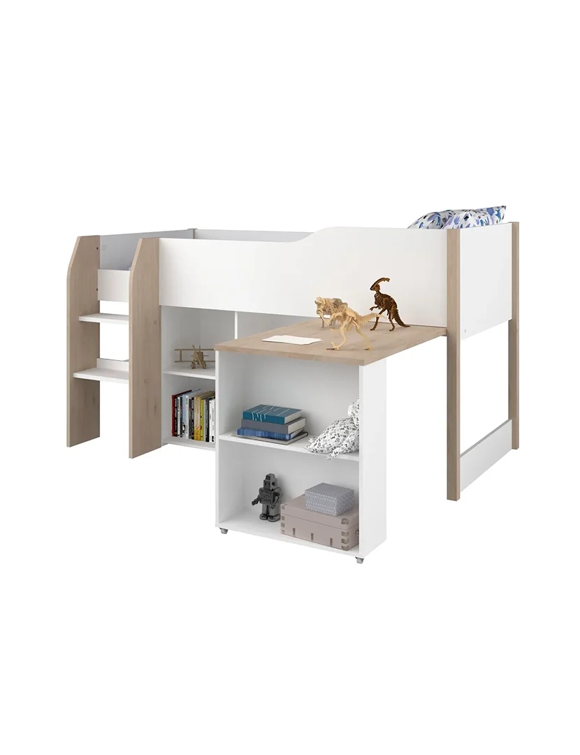 Cama Combinada com Secretária MATI Branco e Carvalho 90x200cm