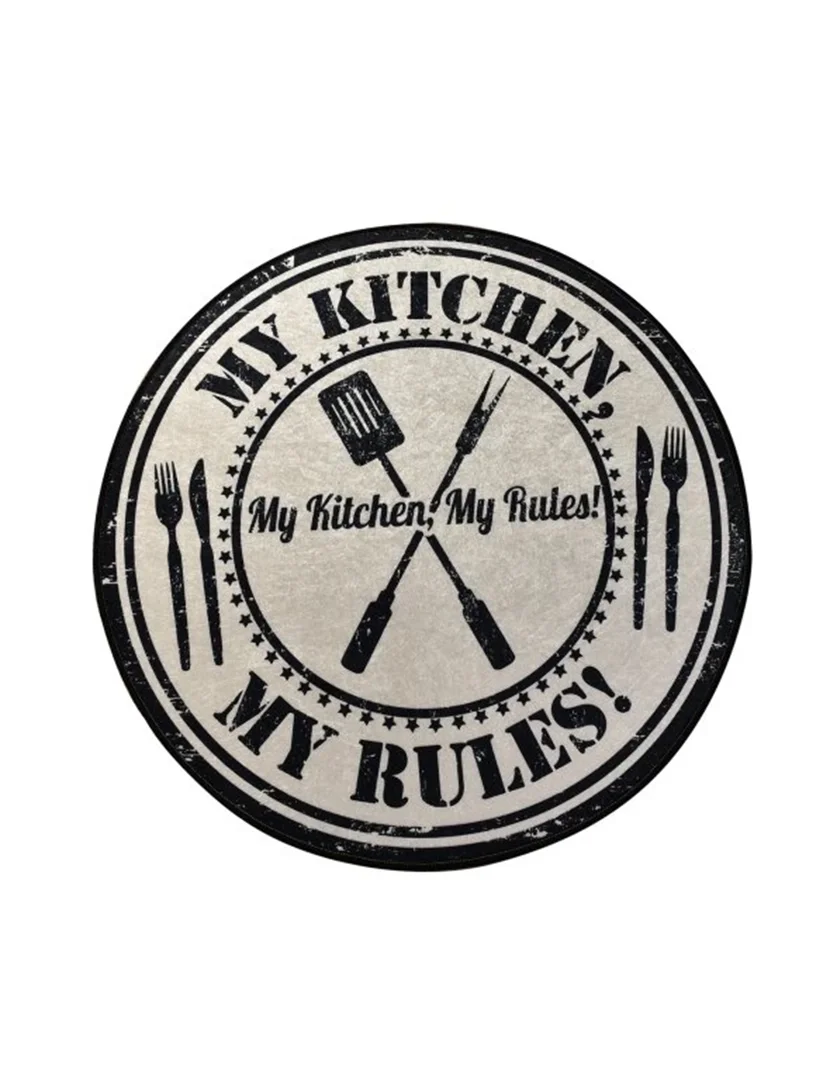 Tapete My Kitchen My Rules Redondo 140cm Branco e Preto