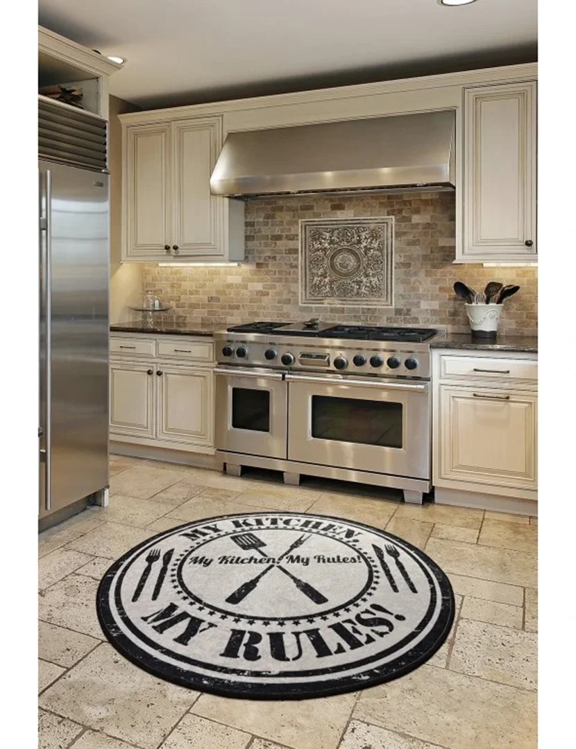 Tapete My Kitchen My Rules Redondo 140cm Branco e Preto