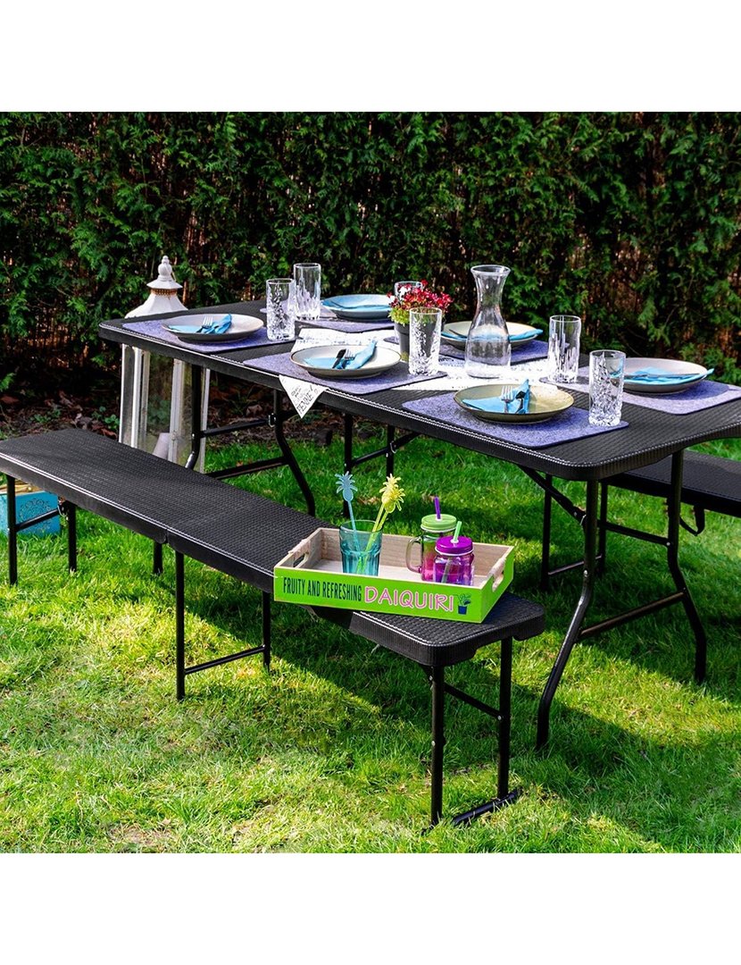 Banco Dobrável com Efeito Rattan 183x30x43cm com Alça Preto