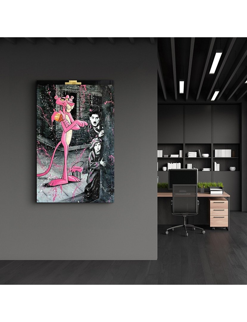 Pintura Vidro Temperado Pink Panther & Charlie Chaplin