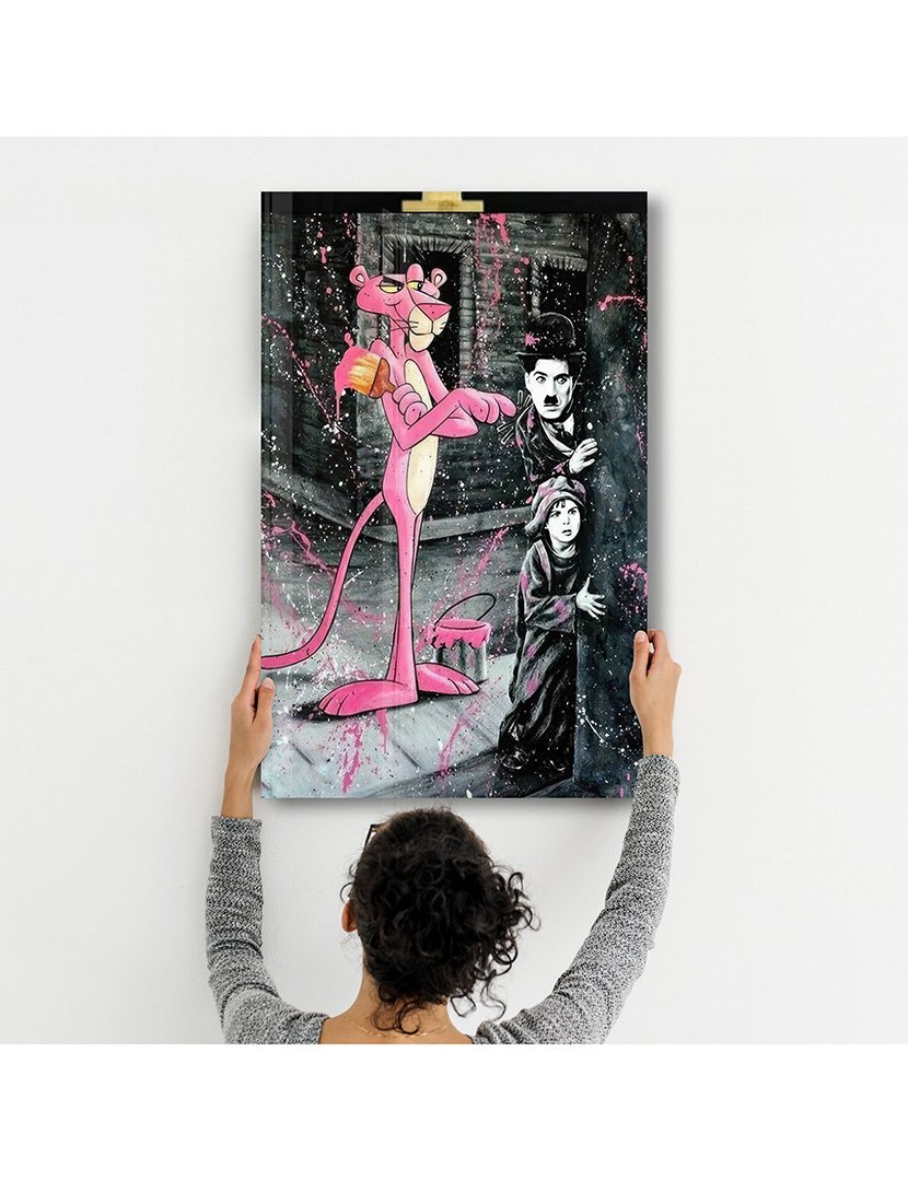 Pintura Vidro Temperado Pink Panther & Charlie Chaplin