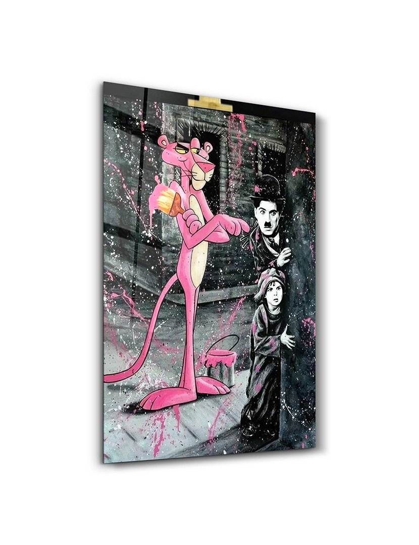 Pintura Vidro Temperado Pink Panther & Charlie Chaplin
