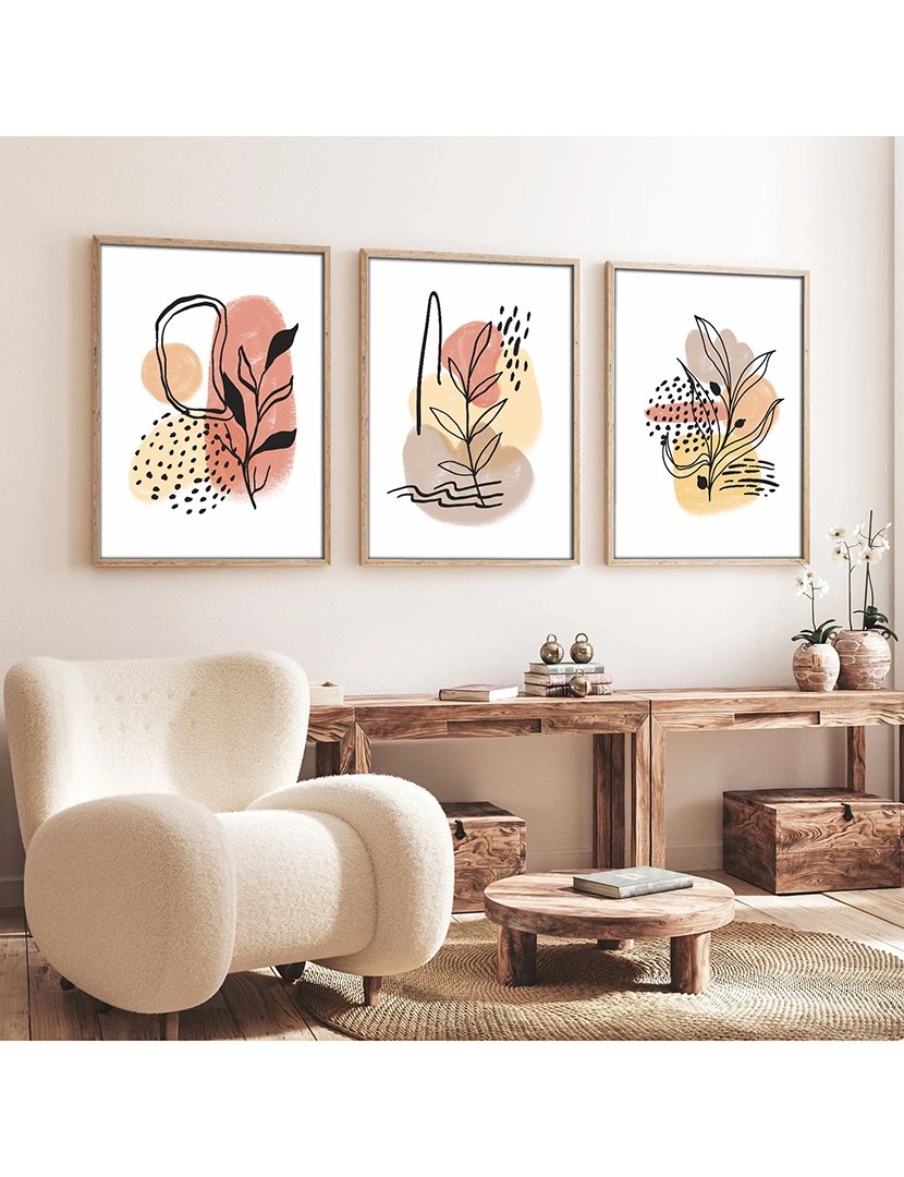 Conjunto 3 Quadros MDF Emoldurados Earth Leaves