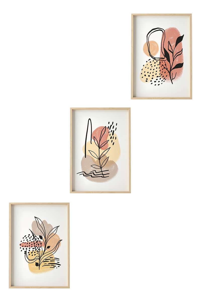 Conjunto 3 Quadros MDF Emoldurados Earth Leaves