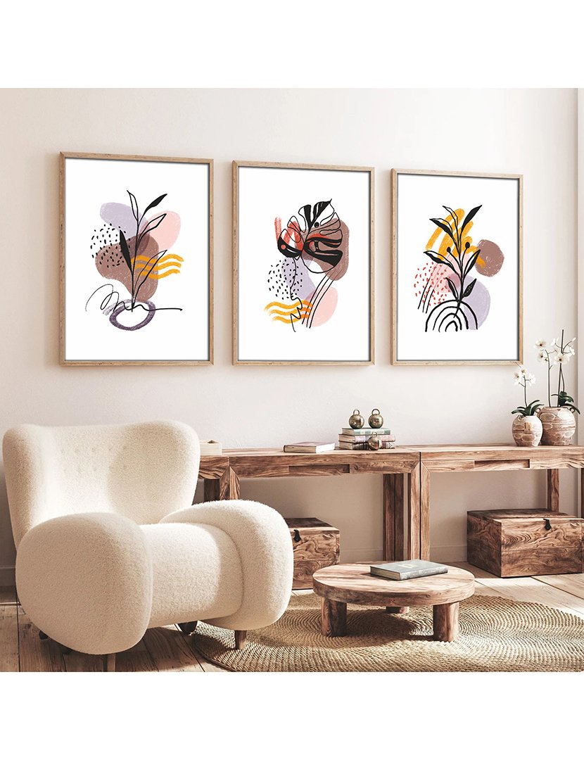 Conjunto 3 Quadros MDF Emoldurados Grayish Leaves