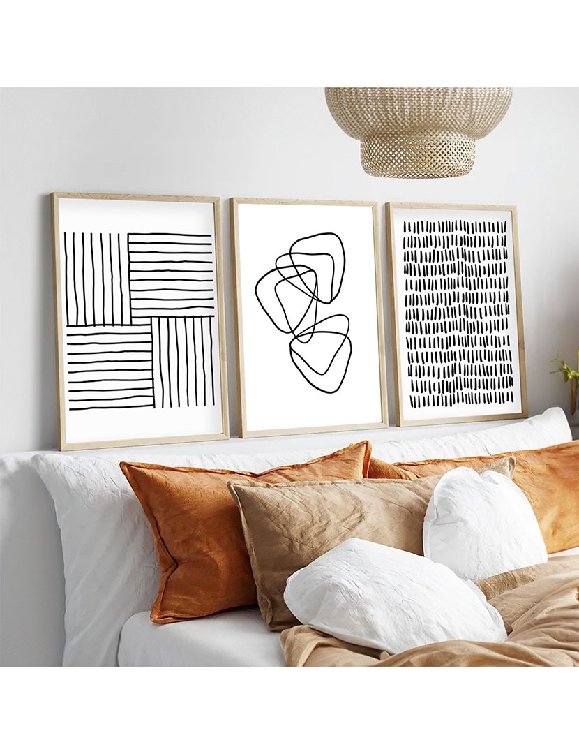 Conjunto 3 Quadros MDF Emoldurados Black Lines