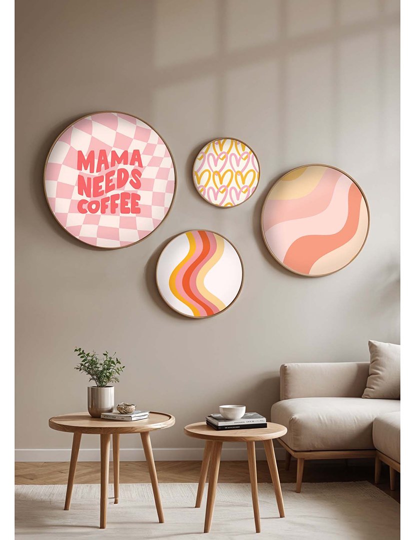 Conjunto 4 Quadros MDF Emoldurados Mama Needs Coffee