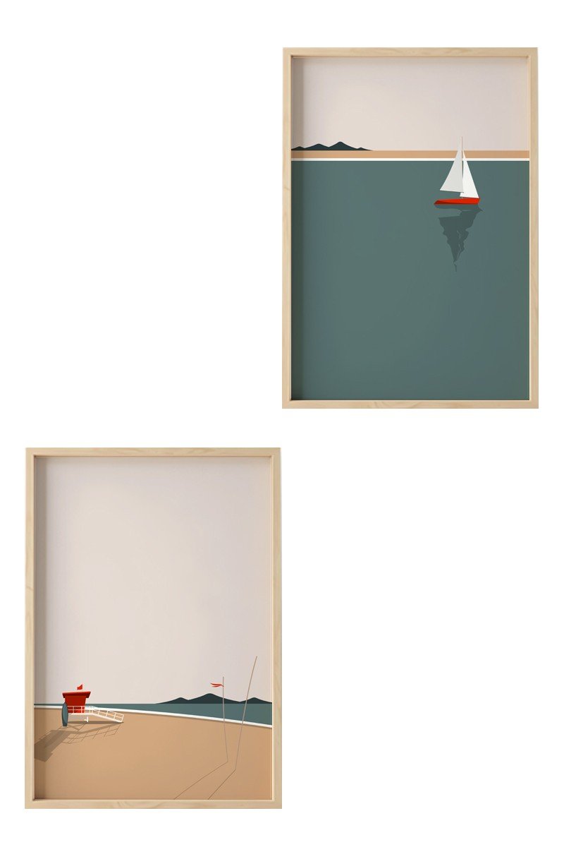 Conjunto 2 Quadros MDF Emoldurados Beach Sailing Boat 1