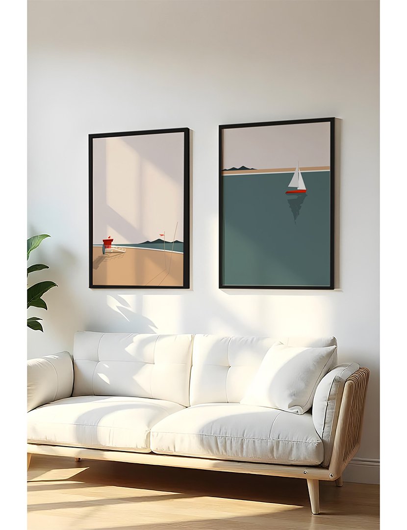 Conjunto 2 Quadros MDF Emoldurados Beach Sailing Boat 2