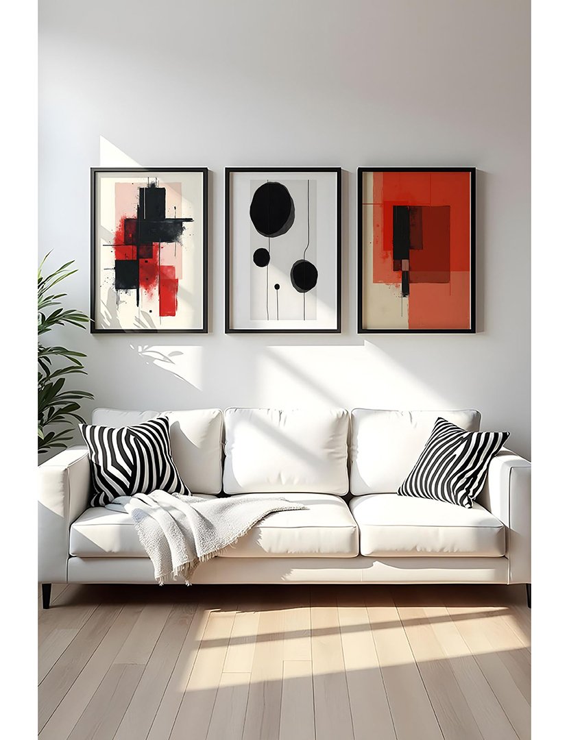 Conjunto 3 Quadros MDF Emoldurados Red Geometric 1