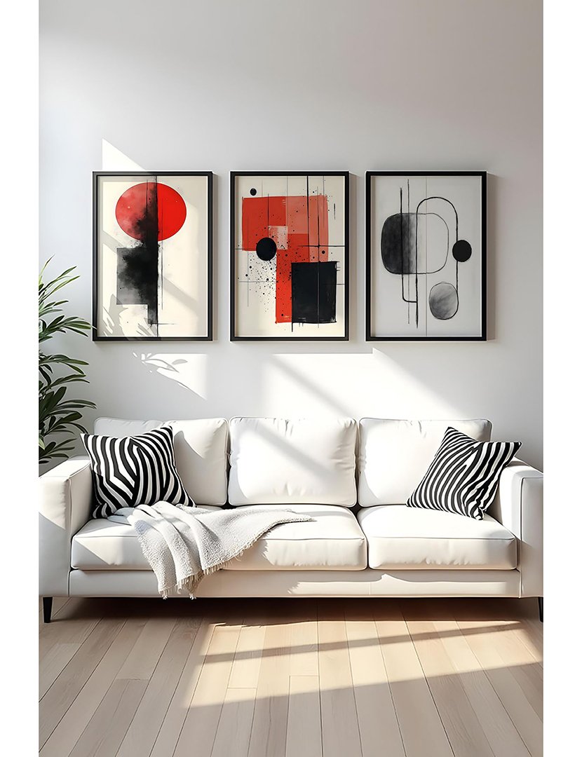 Conjunto 3 Quadros MDF Emoldurados Red Geometric 2