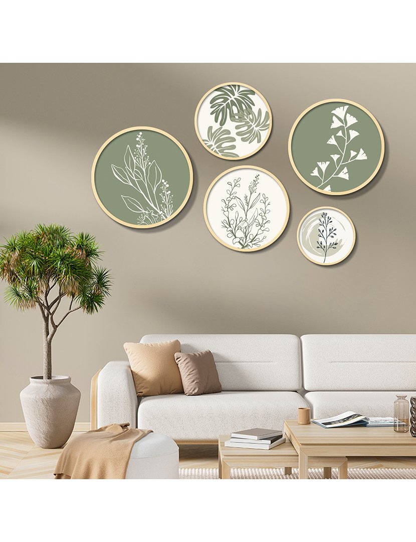 Conjunto 5 Quadros MDF Emoldurados Mint Leaves