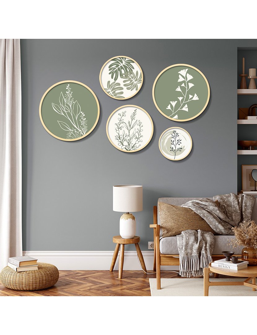 Conjunto 5 Quadros MDF Emoldurados Mint Leaves