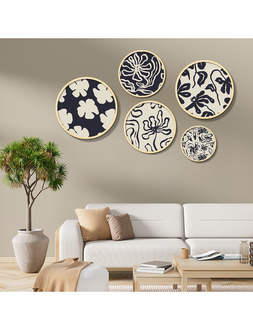 Conjunto 5 Quadros MDF Emoldurados Black&White Leaves