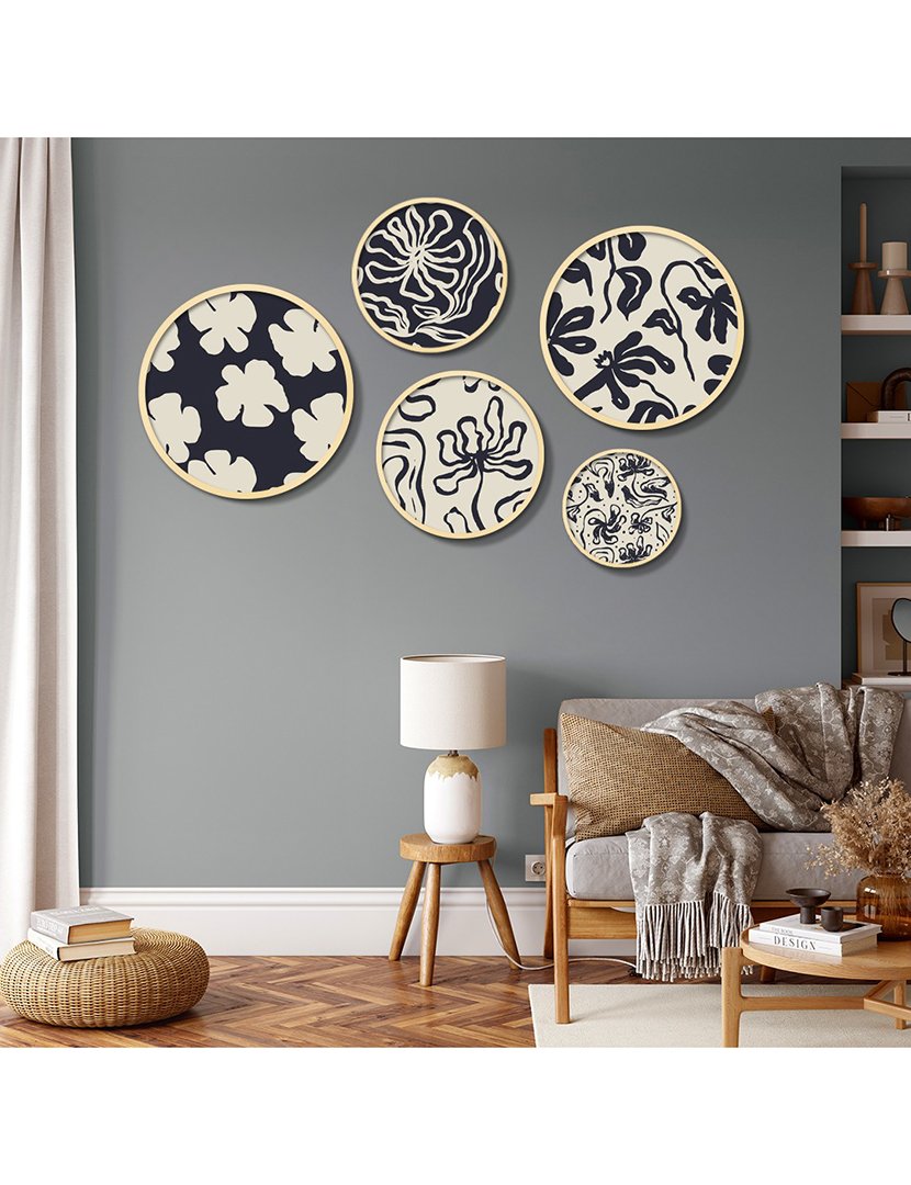 Conjunto 5 Quadros MDF Emoldurados Black&White Leaves