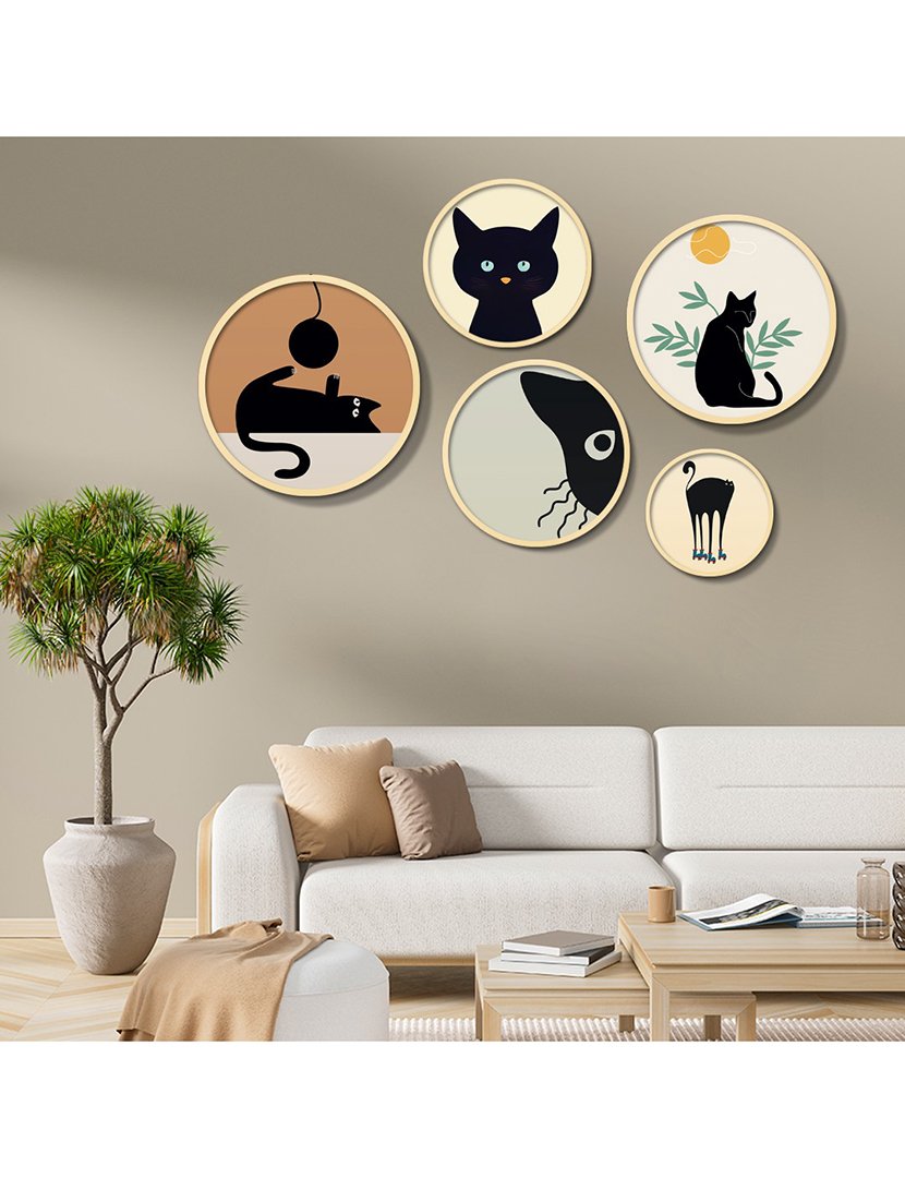 Conjunto 5 Quadros MDF Emoldurados Cats