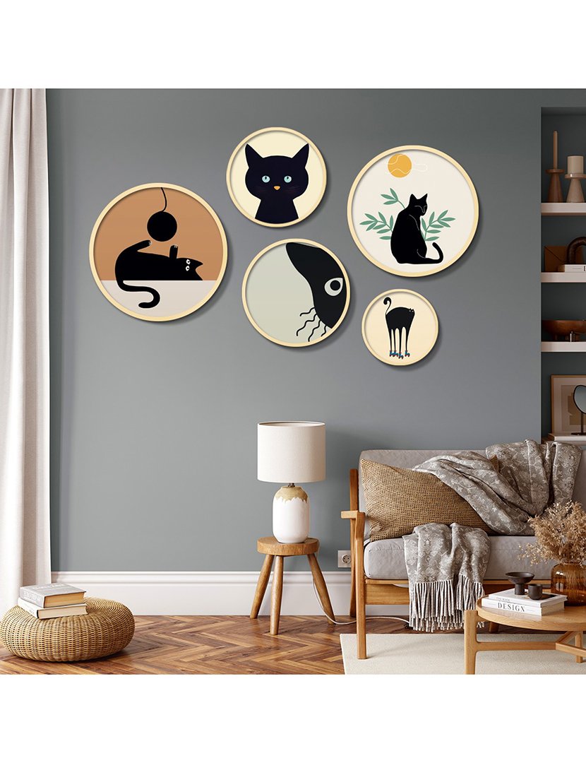 Conjunto 5 Quadros MDF Emoldurados Cats