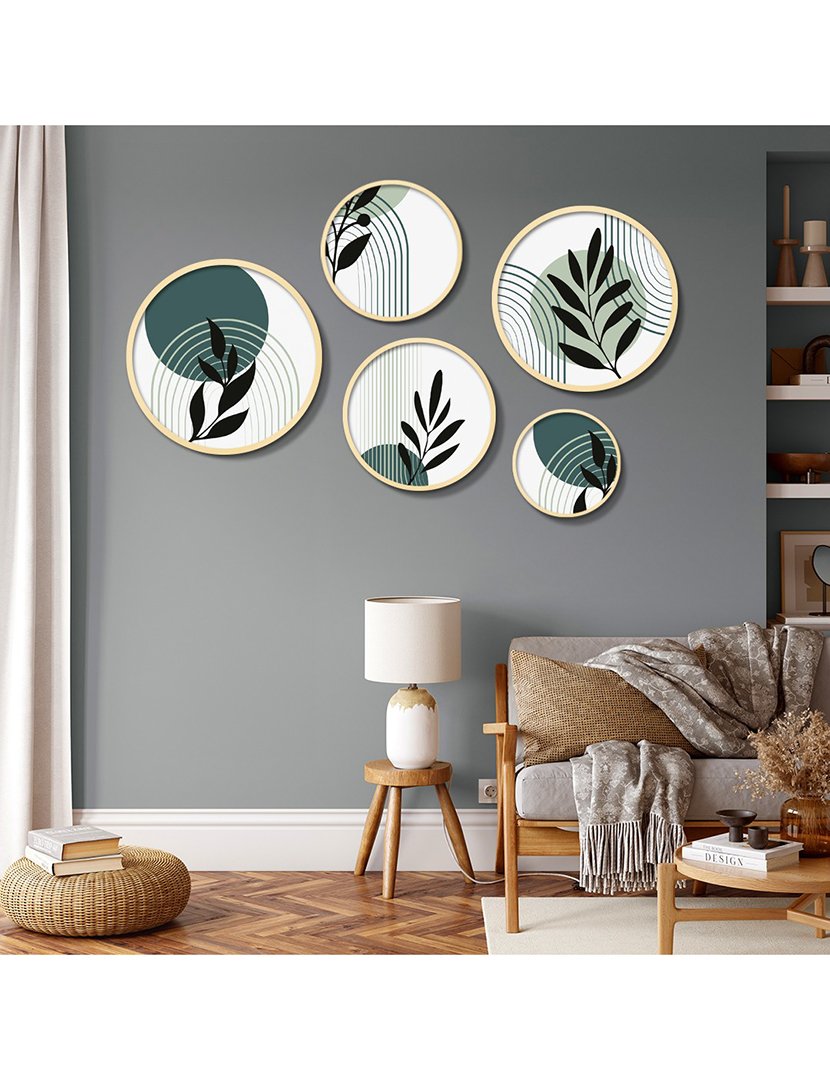 Conjunto 5 Quadros MDF Emoldurados Blue Leaves