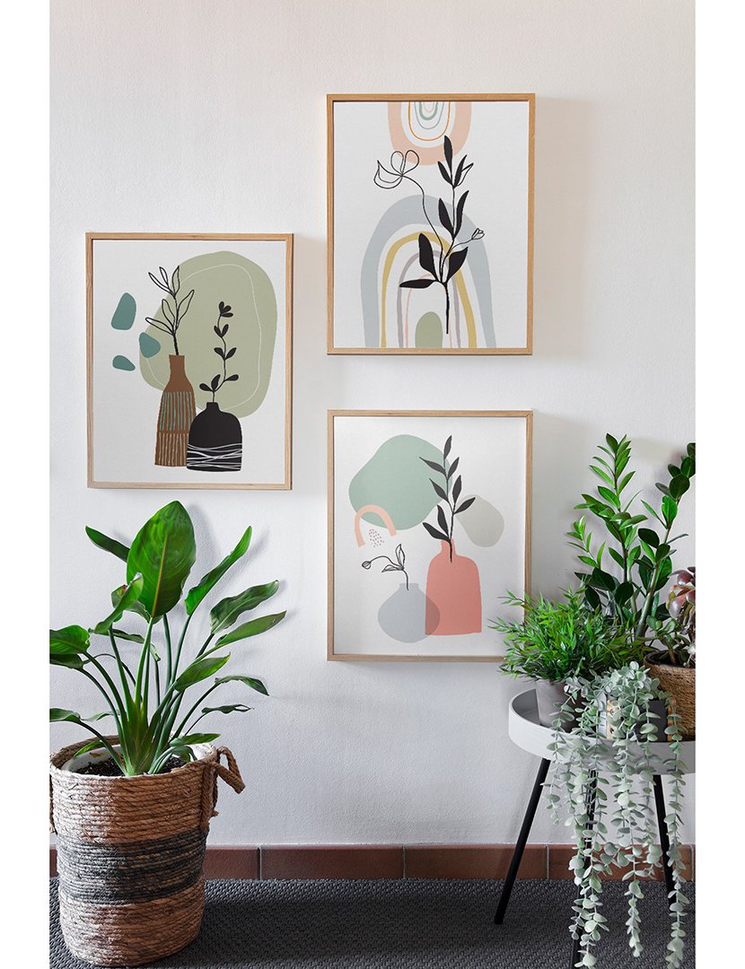 Conjunto 3 Quadros Emoldurados Pastel Leaves